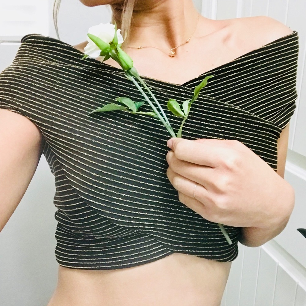 Windsor Black and Gold Off Shoulder Crop Top